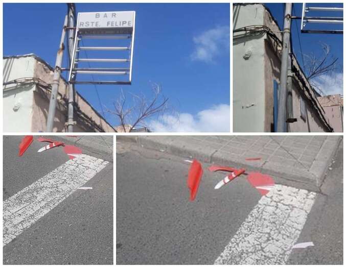 Imágenes del viejo cartel sujeto con una cuerda al frontis de una antigua casa terrera/TA.